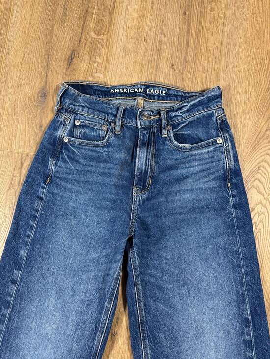 American Eagle Super High Rise Baggy Wide Leg Jeans Blue 00R Raw Hem Y2K - Picture 7 of 8